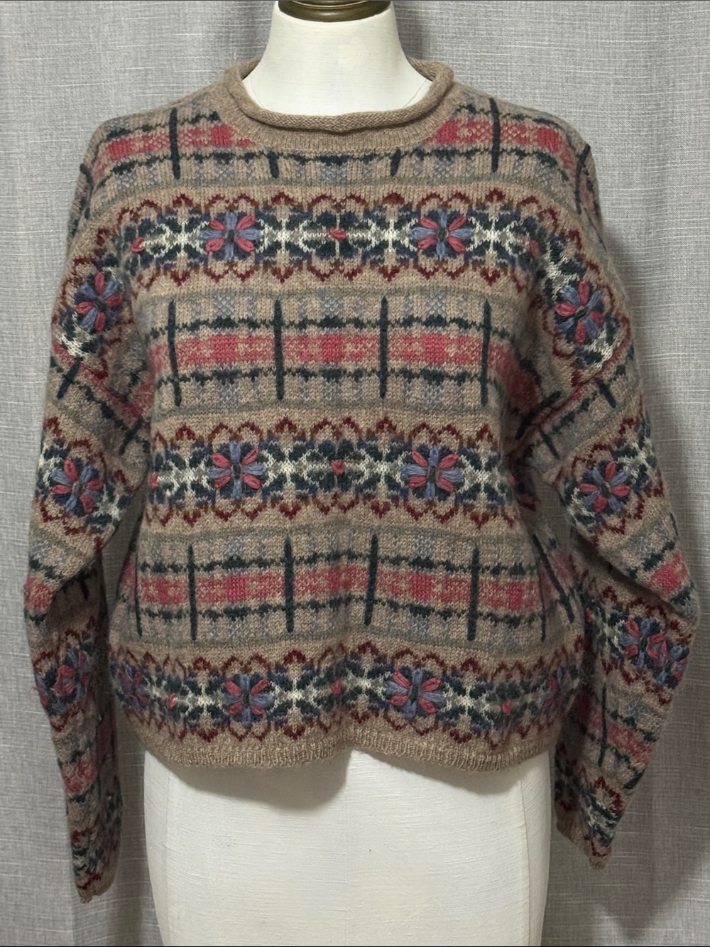 Vintage Wool/Mohair Fair Isle Sweater-Boxy Fit-Brown/Pink/Green-Rolled Neck-GUC